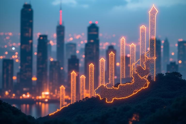 中国の象徴的な建物と現代的な高層ビルが融合した背景に、経済指標やグラフが半透明で重なる様子